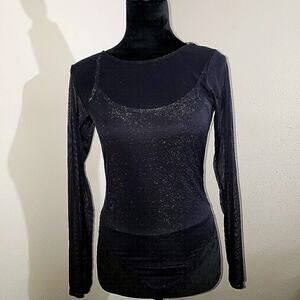 Sexy Women Mesh Top shinny, See Through Sheer Long Sleeve Thong body suit